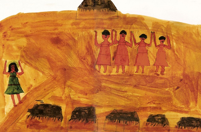Ilustra&ccedil;&atilde;o da cena cantada no &ldquo;canto de M&atilde;t&atilde;n&atilde;g&rdquo; (HITUPM&Atilde;&rsquo;AX, 2008, p. 42-3): M&atilde;t&atilde;n&atilde;g se encontra com as y&atilde;m&icirc;yhex.