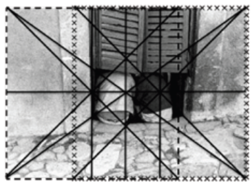 Rejilla posicional de Geninasca: en punteado y con cruces los dos cuadrados. Jo Brenzo, Men in door.