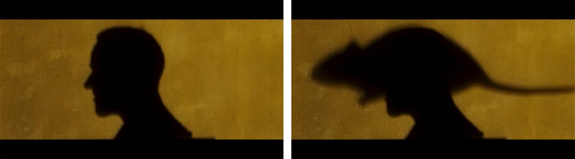 Fus&atilde;o de sombras: o rato se sobrep&otilde;e &agrave; figura do espectador.