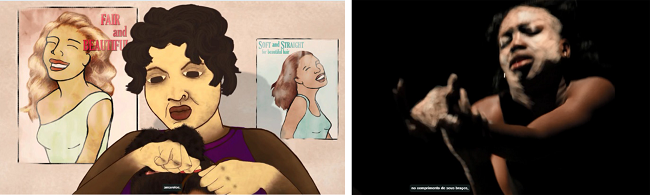 Frames de Yellow Fever. Sequ&ecirc;ncia que articula a continuidade narrativa a partir do destaque aos bra&ccedil;os, ambos escuros, j&aacute; que a cabeleireira s&oacute; teve dinheiro para descolorir suas m&atilde;os e rosto.