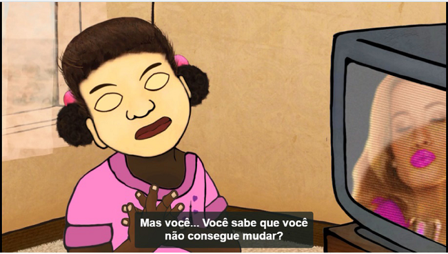 Frame de Yellow Fever. A sobrinha da cineasta, Abby diz, sem autocensura, que gostaria de ser norte-americana: &ldquo;Se eu fosse americana, eu seria branca branca branca e eu adoro ser branca! Eu adoro...&rdquo;.