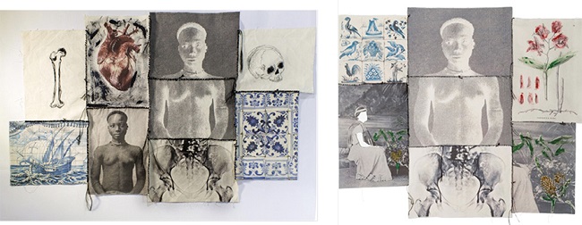 Obras Rosana Paulino: Sem t&iacute;tulo, &agrave; esquerda; Para&iacute;so Tropical?, &agrave; direita.