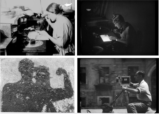 Acima, da esquerda para a direita: Elizavi&ecirc;ta Sv&iacute;lova na mesa de montagem em Kino-Pravda N&ordm; 19 (1923). Em O homem com a c&acirc;mera (1929). Abaixo: autorretrato de Mikhail Kaufman na revista &ldquo;Sovi&eacute;tski Ekr&aacute;n&rdquo; n. 15, 7 de julho de 1925. Kaufman em O homem com a c&acirc;mera.