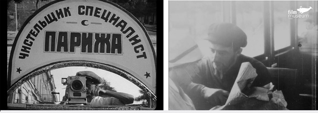 &Agrave; esquerda, a placa &ldquo;Engraxate especialista de Paris&rdquo; emoldurando o cinegrafista em O homem com a c&acirc;mera. &Agrave; direita,Vi&eacute;rtov em cena de Kino-Pravda N&ordm; 8 (1922)