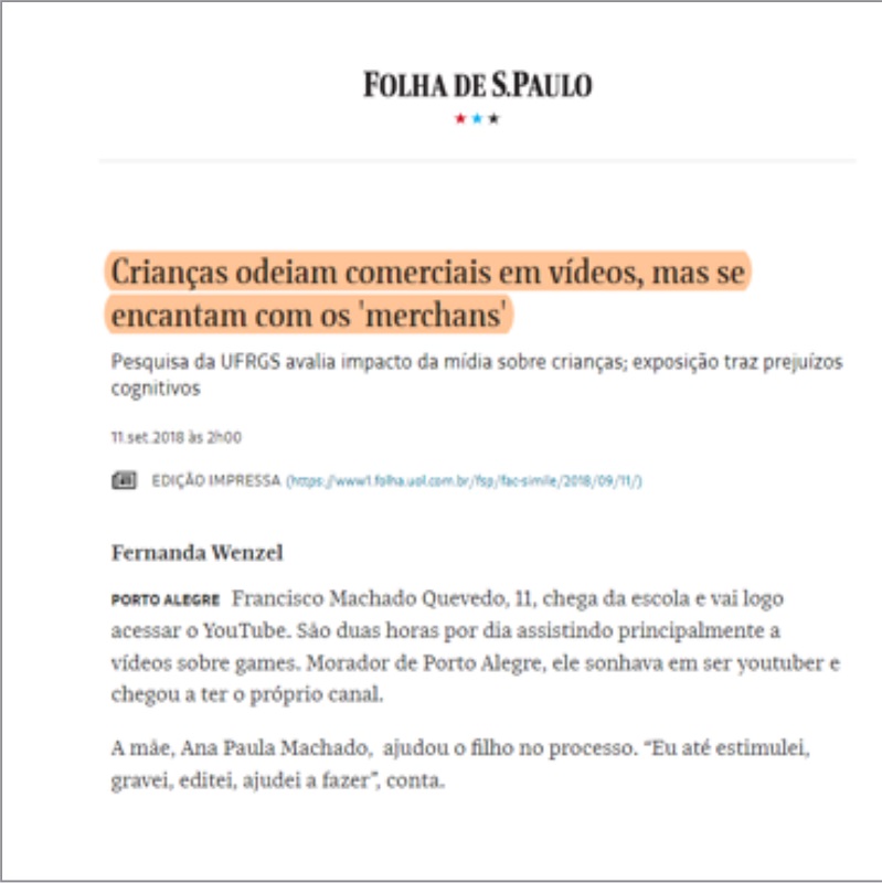 Notícia da categoria youtubers mirins e publicidade.