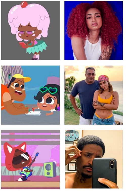 À esquerda, frames de Marshmelle, Painitto e Gatrick. À direita, fotografias de Arielle Macedo, Mauro Machado (pai de Anitta) e Patrick Owondo (coreógrafo).