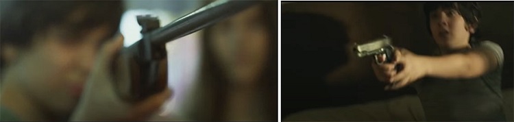 O menino com arma na m&atilde;o em dois momentos distintos.