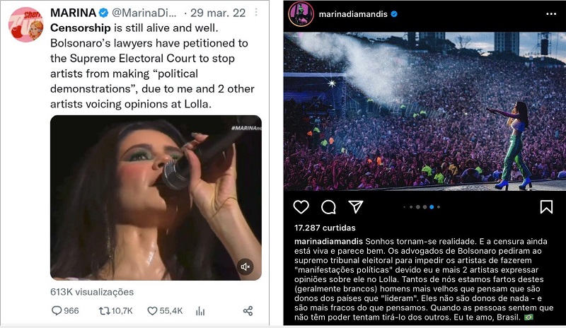 Postagens da cantora Marina Diamandis, respectivamente no Twitter e Instagram, em 29 de mar�o de 2022, denunciando a censura provocada por Bolsonaro ap�s sua apresenta��o no evento.