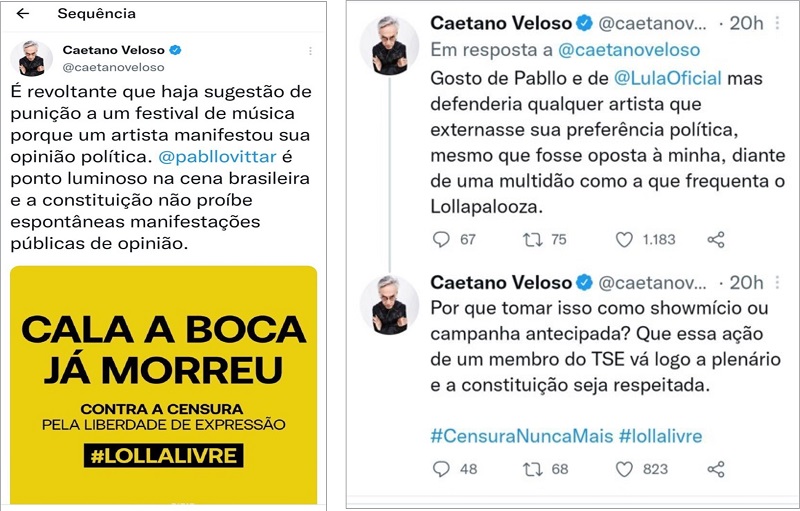 Sequ�ncia (thread) de postagens de Caetano Veloso.
