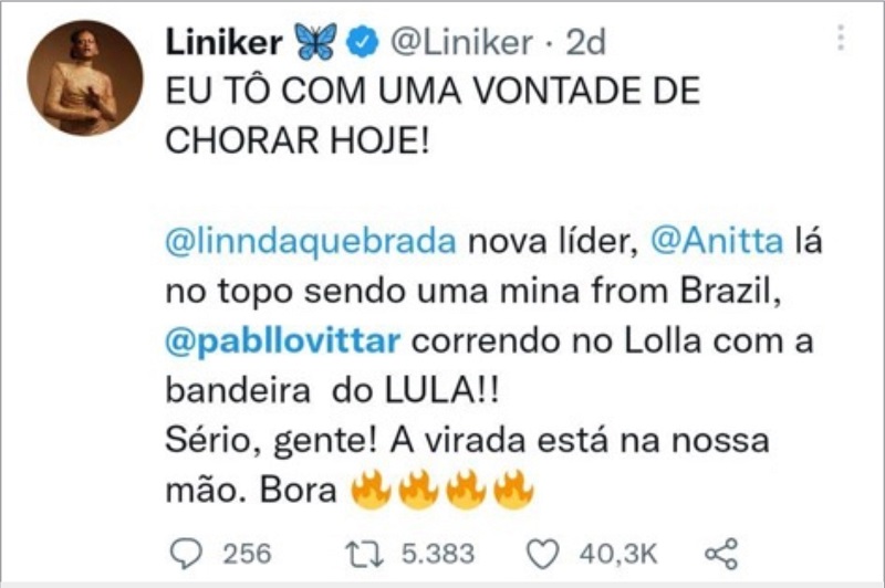 Post de Liniker compartilhando a mensagem do perfil de Linn da Quebrada no Twitter, que em dois dias obteve 5.383 compartilhamentos, 40,3 mil likes e 256 coment�rios.