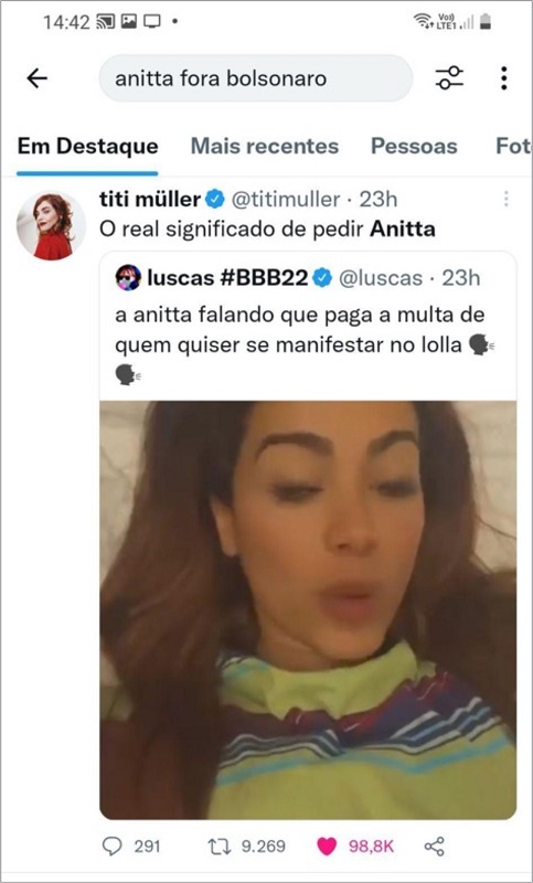 Apresentadora de TV Titi Muller compartilhando um meme sobre Anitta.