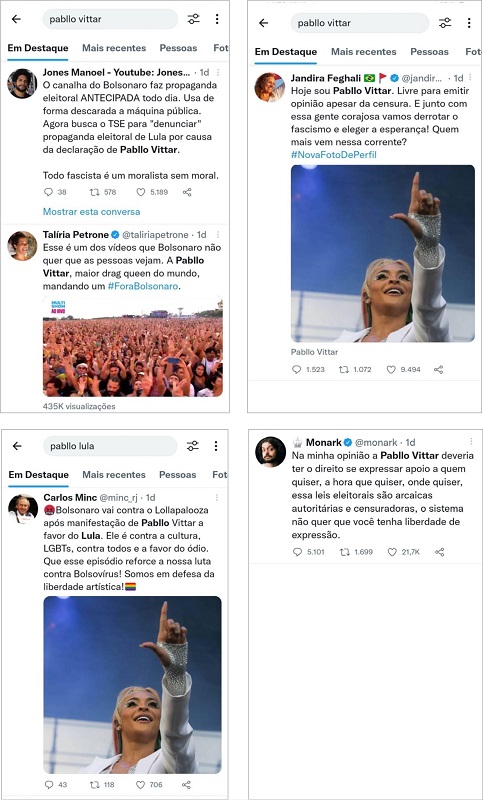 Da esquerda para a direita, de cima para baixo: conversa dos pol�ticos Jones Manoel e Tal�ria Petrone; posts de Jandira Fegalli, Carlos Minc e do influencer Monark.