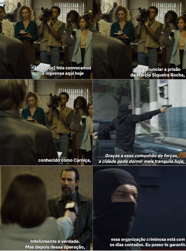 Andrade participa de coletiva de imprensa enquanto integrantes da Irmandade assaltam carro-forte. (T1E04)