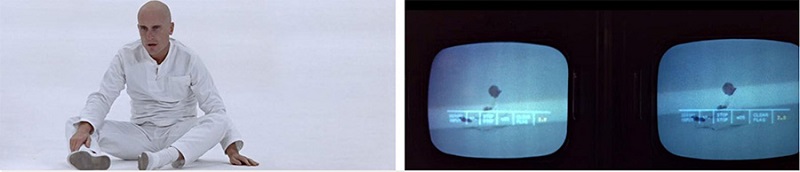 THX1138 encontra-se desorientado na imensidão vazia da detenção, enquanto técnicos observam e discutem as medidas ressocializantes a serem tomadas.
