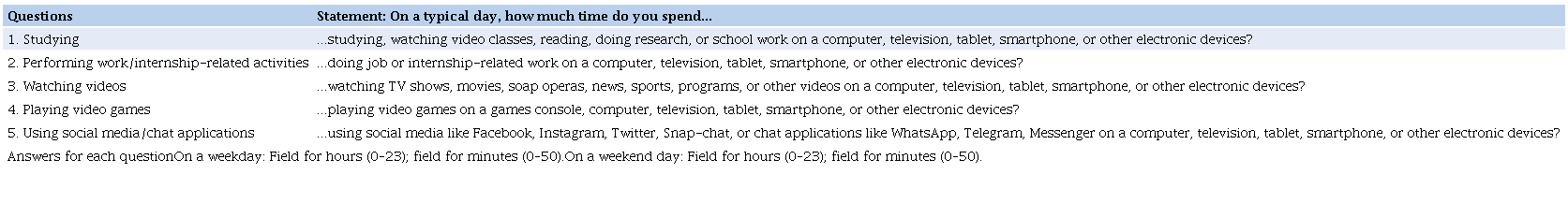Final version of the Questionnaire for Screen Time of Adolescents
                            (QueST) (Brazil, 2019).