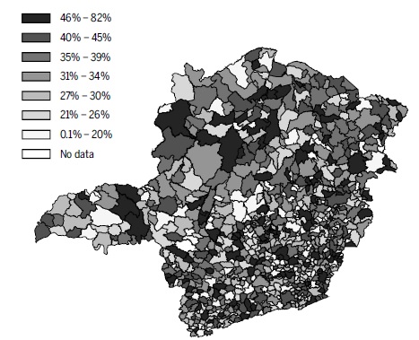 Spatial distribution of underreporting in Minas Gerais, mean values
from 2004 to 2011