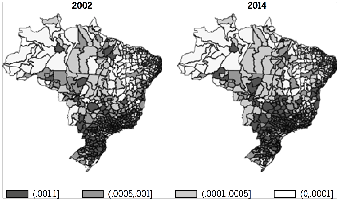 Distribui&ccedil;&atilde;o espacial da participa&ccedil;&atilde;o relativa do emprego na ind&uacute;stria da transforma&ccedil;&atilde;o por microrregi&otilde;es do Brasil em 2002 e 2014