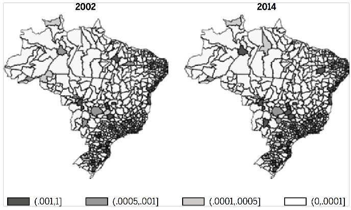Distribui&ccedil;&atilde;o espacial da participa&ccedil;&atilde;o relativa do emprego na ind&uacute;stria do Fumo por microrregi&otilde;es do Brasil em 2002 e 2014
