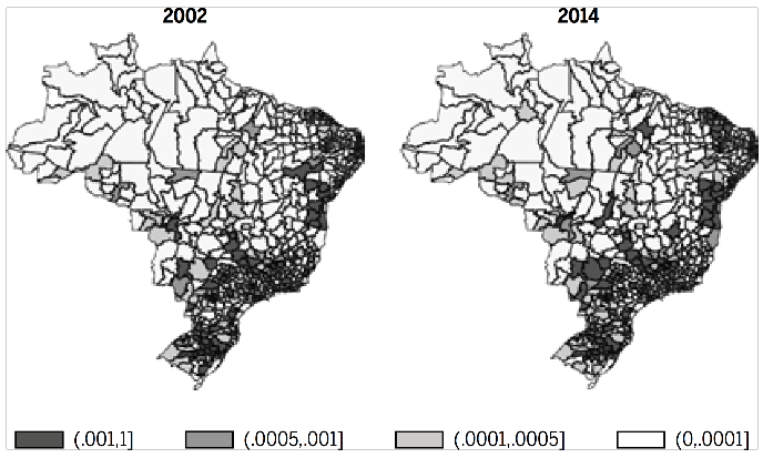Distribui&ccedil;&atilde;o espacial da participa&ccedil;&atilde;o relativa do emprego na ind&uacute;stria de Couro por microrregi&otilde;es do Brasil em 2002 e 2014