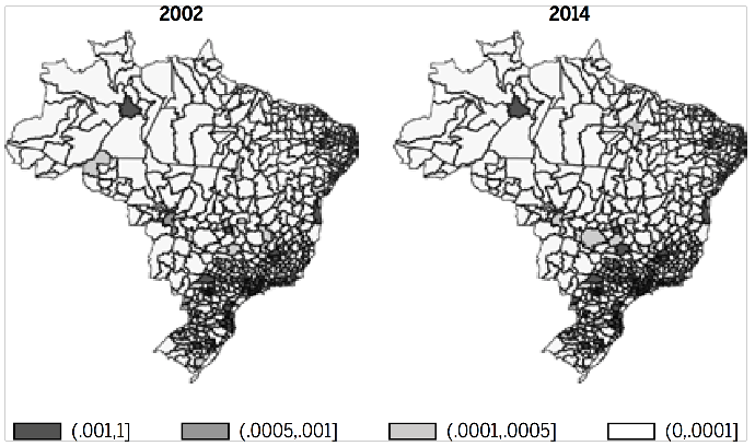 Distribui&ccedil;&atilde;o espacial da participa&ccedil;&atilde;o relativa do emprego da ind&uacute;stria de M&aacute;quinas e Equipamentos por microrregi&otilde;es do Brasil em 2002 e 2014