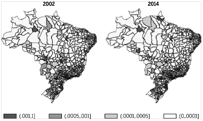 Distribui&ccedil;&atilde;o espacial da participa&ccedil;&atilde;o relativa do emprego da ind&uacute;stria de Fabrica&ccedil;&atilde;o de outros Equipamentos de Transportes por microrregi&otilde;es do Brasil em 2002 e 2014