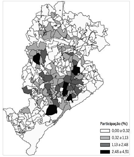 Mapa da participa&ccedil;&atilde;o (%) de cada bairro no total de transa&ccedil;&otilde;es com apartamentos para Belo Horizonte &ndash; 1995-2012