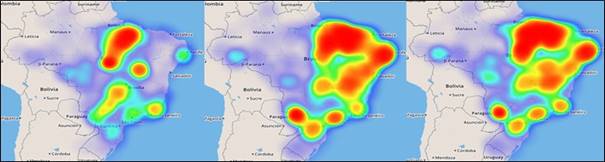Intensity of colors and measures showing location (municipality) of rescue, origin and residence of enslaved workers