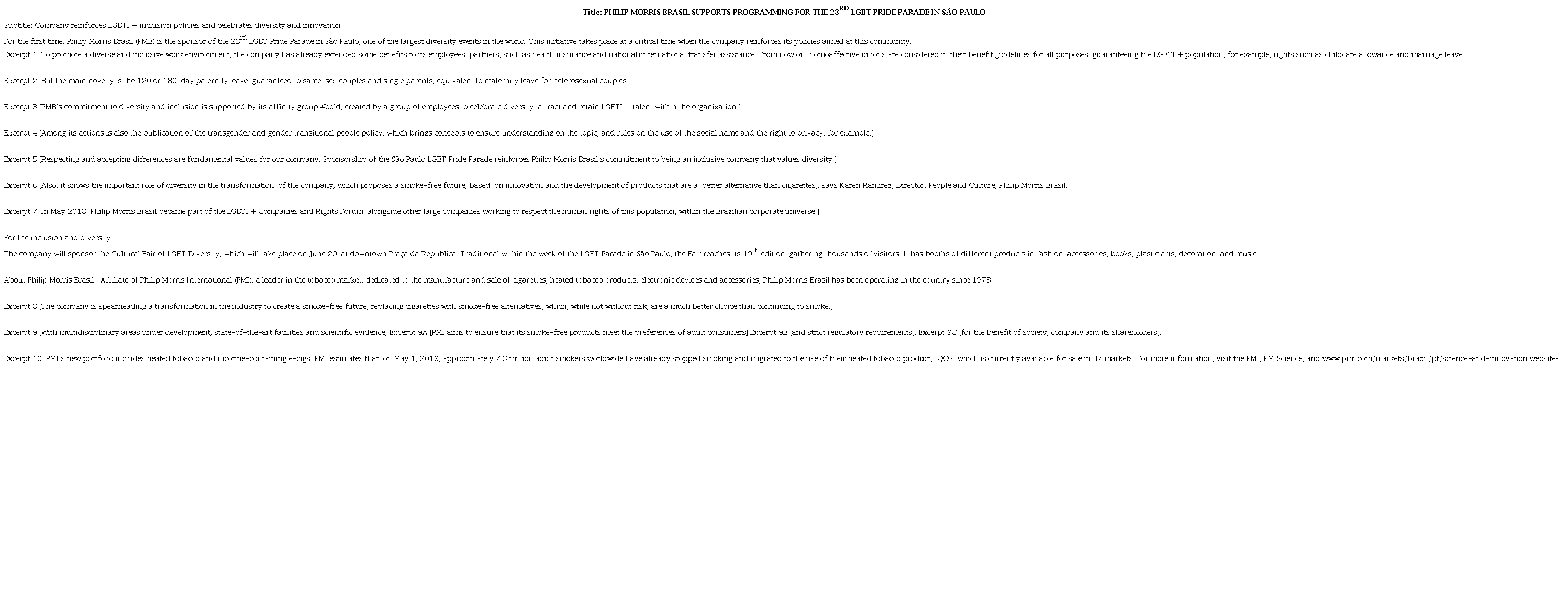 Index piece &ldquo;Philip Morris Brasil supports programming for the 23rd LGBT Pride Parade in S&atilde;o Paulo&rdquo;