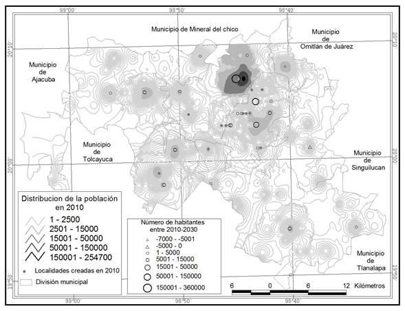 Distribución de la
población en 2010 y proyección de la población por localidades urbanas 

en la ZMP de 2010 a 2030