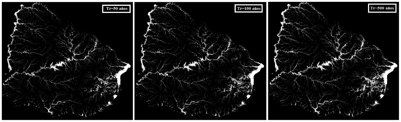 Salidas de la modelacin SSBN Global Flood Hazard de inundaciones, para perodos de retorno de 50, 100 y 500 aos (basado en Banco Mundial y Oxford Analytics, 2019)