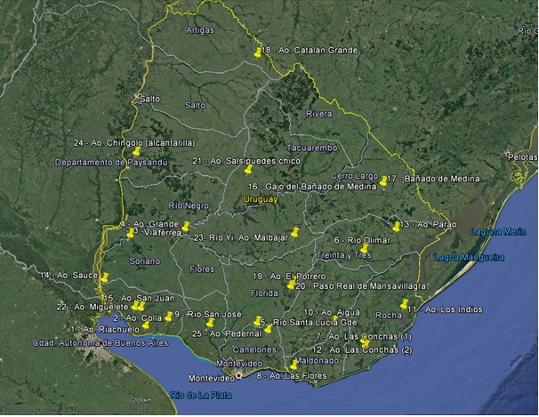 Localizacin de las obras seleccionadas en conjunto con la Gerencia de Estudios y Proyectos (DNV-MTOP), georreferenciadas sobre mapa de Google Earth