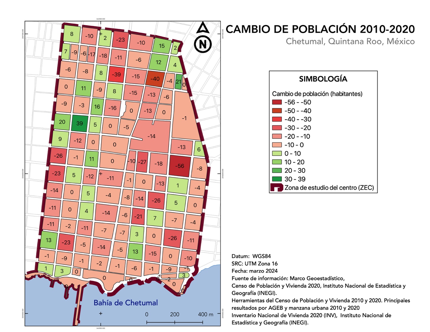 Cambio de población 2010-2020 por manzana