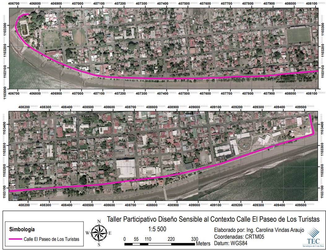 Mapa con �rea de intervenci�n completa para El Paseo de Los Turistas utilizada en taller con l�deres comunales.