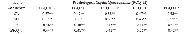 Correlations between Psychological Capital Questionnaire and External Constructs