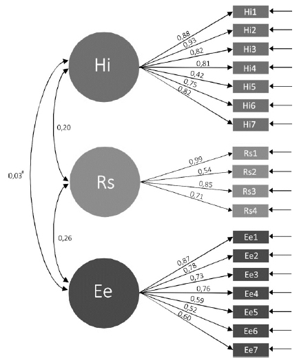 Fatores e cargas fatoriais da análise fatorial confirmatória da PEM-LGB-BR.