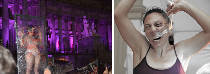 Izquierda: intervenci&oacute;n perform&aacute;tica en la Marcha del Ni una Menos, 2015. Derecha: performance de nuestro Equipo, en la Bienal de Performance de Buenos Aires, 2017.