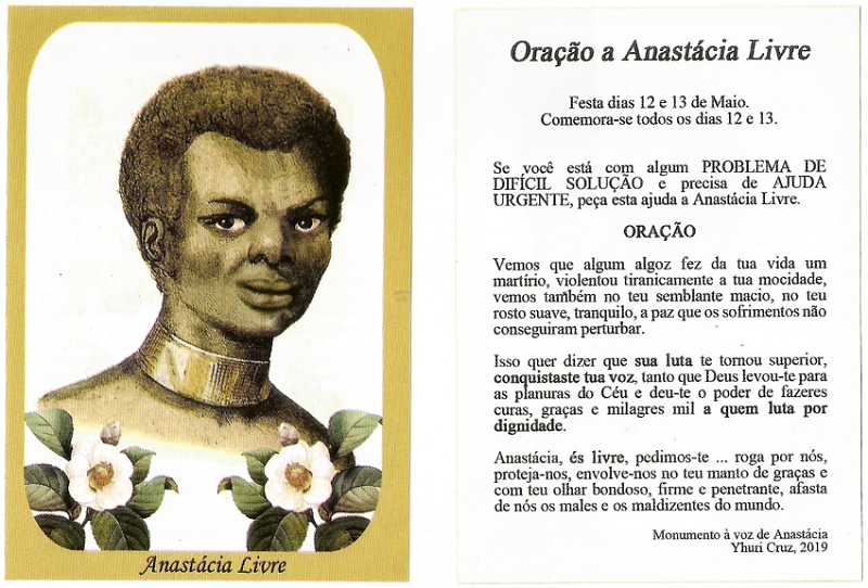 Frente e verso do santinho de Anastácia Livre (Cruz, 2019).