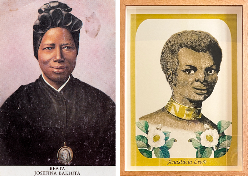 Esquerda: reprodução de um santinho de Josefina Bakhita. Direita: Anastácia Livre, de Yhuri Cruz, em versão ampliada, na mostra Carolina Maria de Jesus: um Brasil para os brasileiros, no IMS, em São Paulo.
