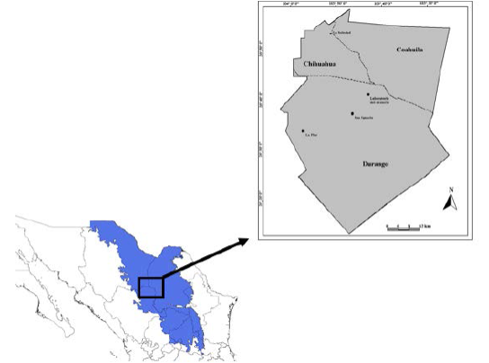 Derecha: Mapa del Desierto Chihuahuense en México (Imagen proporcionada por CONABIO 2008). El cuadro negro sobre el mapa indica la ubicación de la Reserva de la Biosfera de Mapimí entre los estados de Chihuahua, Coahuila y Durango. Izquierda: Polígono que marca los límites de la Reserva de la Biosfera de Mapimí (Modificado de CONANP 2006).