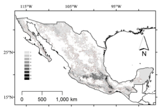 Riqueza de especies de musarañas (orden Eulipotyphla) en México. Las zonas más oscuras muestran la distribución actual estimada para un mayor número de especies (1 a 9 especies).