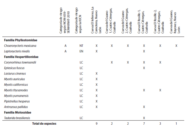 Listado de especies de murciélagos encontradas en los refugios estudiados. Arreglo taxonómico según Simmons (2005).