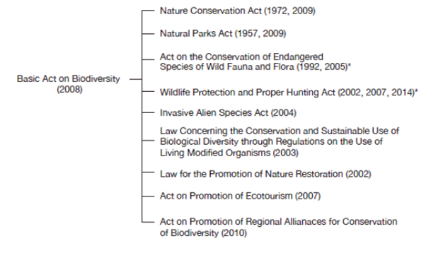 The structure of Japanese laws on biodiversity. Basic Act defines the fundamental policy of the Japanese government for conserving biodiversity. Practical policies and strategies are described in the 9 specific acts. Asterisks show the Acts that are highlighted in this study.