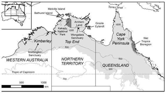 Map of northern Australia (pane grey shading) showing places referrend to in text, state/territory boundaries and isohyets (dotted lines). Note that inland the inland and sourthern border of the region defined here as northern Australia is diffuse, but follows 
								Fox 
									et al. (2001
								)
							