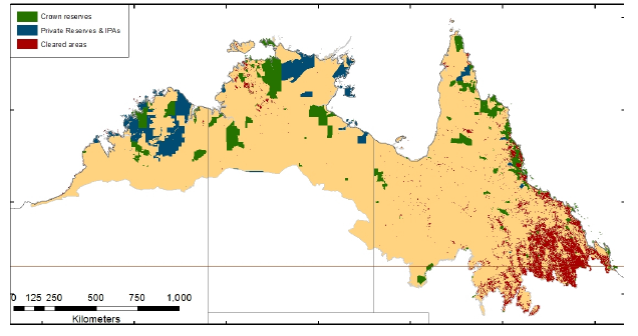 Extent of conservation reserves and habitat loss for savanna woodland environments in northern Australia, illustrating that most native vegetation is relatively intact, other than in the southeast part of the region. Crown reserves (National Parks and similar reserves, with protection under State, Territory or Federal legislation), private reserves (under private tenure, but not conservation protection), and Indigenous Protected Areas (secure tenure, but not necessarily for conservation). Native vegetation clearing data current to 2007 (NT), 2010 (Qld), 2004/5 (WA) from SLATS data (Qld), NT data and NVIS data (WA). Source: Franklin and Preece (2014).