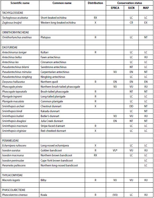 List of mammal species occurring in northern Australia at the time of European settlement. Note that this excludes the Wet Tropics area of northeastern Australia. Distribution (at the time of European settlement) is 
								in addition to  northern Australia: R=other parts of Australia; X=extralimital. Conservation status is given as for Australian national legislation (EPBCA), the IUCN Red List, and as assessed in the 2012 Action Plan for Australian Mammals (MAP) (
								Woinarski 
									et al.  2014
								). Conservation status categories: EX extinct, CR(PE) Critically Endangered (Possibly Extinct), CR Critically Endangered, EN Endangered, VU Vulnerable, NT (CD) Near Threatened (Conservation Dependent), NT Near Threatened, LC Least Concern, DD Data Deficient. Note that MAP and EPBCA status refer to Australian range only.
							