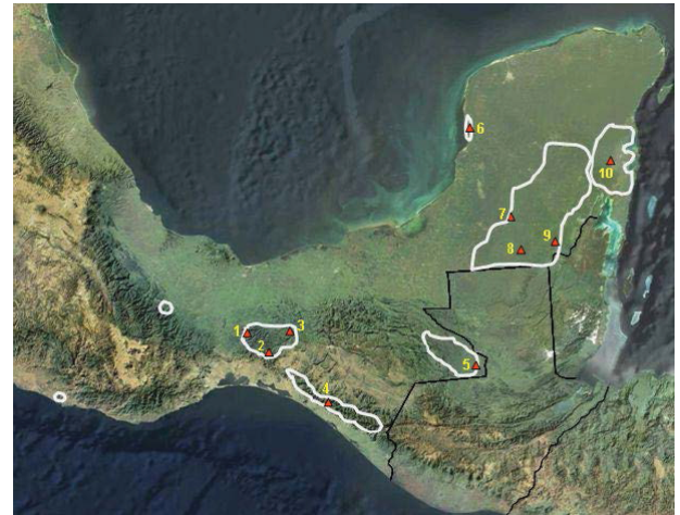 Ubicaci&oacute;n de los sitios de estudio donde se evaluaron poblaciones de tapir y pecar&iacute; de labios blancos: 1) Uxpanapa, 2) Los Chimalapas, 3) Selva El Ocote, 4) La Fraylescana, 5) Marqu&eacute;s de Comillas, 6) Los Petenes, 7) Balam-kin y Balamk&uacute;, 8) Calakmul, 9) Ejidos forestales de Quintana Roo, 10) Sian Ka'an. Las &Aacute;reas delineadas indican la distribuci&oacute;n aproximada del tapir.