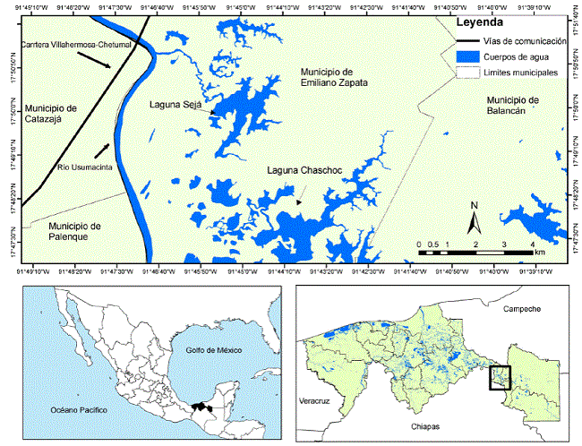 Localización del humedal Chaschoc-Sejá, Emiliano Zapata, Tabasco, México.