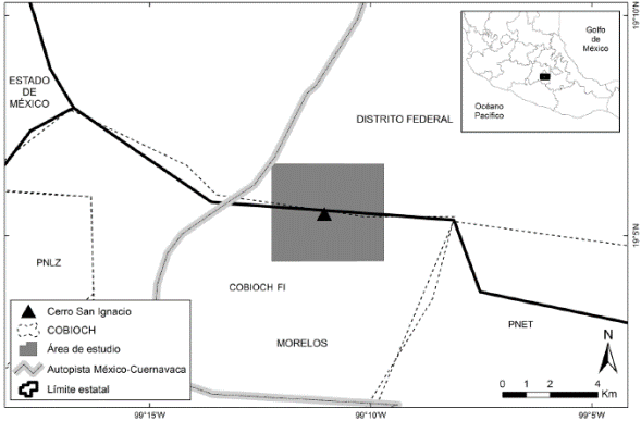 Esquema del &aacute;rea de estudio dentro de las &Aacute;reas Naturales Protegidas que conforman el COBIOCH. PNLZ Parque Nacional Lagunas de Zempoala, PNET Parque Nacional El Tepozteco, COBIOCH FI y FII, Fracciones I y II del Corredor Biol&oacute;gico Chichinautzin.