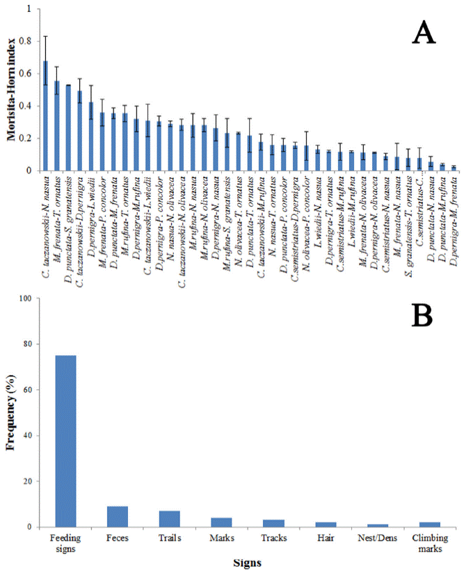 A) Morisita-Horn (SE) overlapping index among pair-wise species activity patterns comparisons and (B) frequency of indirect signs of medium and large-sized terrestrial mammals recorded at Tamá National Natural Park, Colombia.