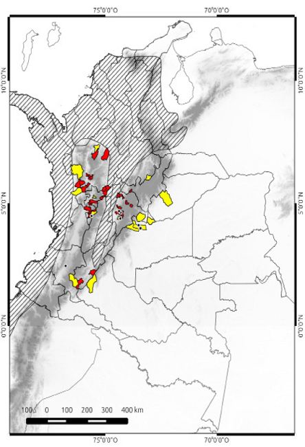 Updated distribution map of Choloepus hoffmanni in Colombia. The area in textured black depicts the distribution reported by IUCN (Superina et al. 2010). Black dots correspond to localities of occurrence not included by IUCN that were obtained from georeferenced records of biological collections; municipalities shaded in yellow correspond to localities of occurrence not georeferenced (see Appendix 1). Municipalities shaded in red correspond to localities of occurrence not reported by IUCN and obtained from records of illegal trade (see Table 1). 